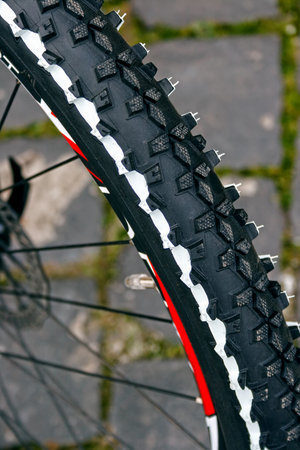 Detail of a rubber wheel mountain bike 