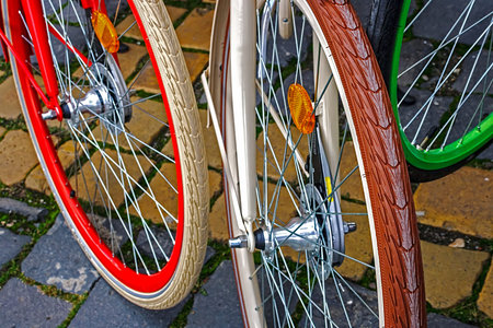 Detail with multicolored wheels to a group of bicycles 