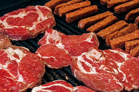 Romanian sausages  mici  and red meat on a grill 
