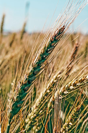 Background with spikes of wheat, undergoing ripening, on a field.