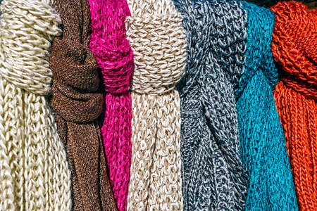 Wool scarves of various colors, exposed for sale の写真素材