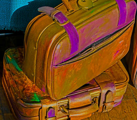 Funny hippie suitcases, ready for the road.の写真素材