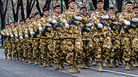 TIMISOARA, ROMANIA - NOVEMBER 29, 2014: Repetition for Romanian National Day parade, that takes place on the 1st of December. The picture is taken in front of the Administrative Palace.のeditorial素材