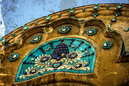 Architectural details on a historic building in Union Square, Timisoara, Romania. Image digitally manipulated as one old photo.の写真素材