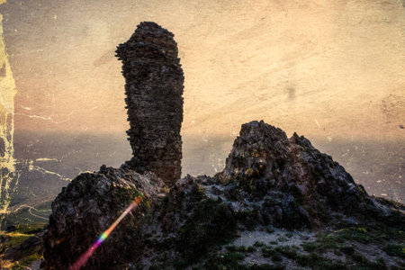 Old photo with ruins fortress Siria located in district Arad, Romania. Image digitally manipulated in the form of old photos.の写真素材