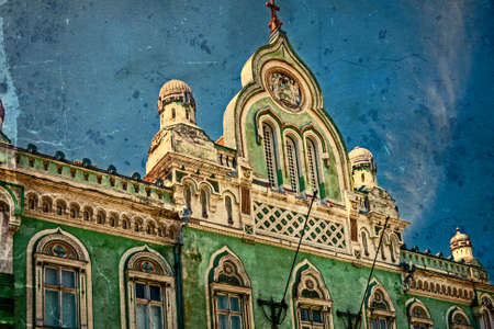 Old photo with architectural details on a historic building in Union Square, Timisoara, Romania. Image digitally manipulated as one old photo.の写真素材