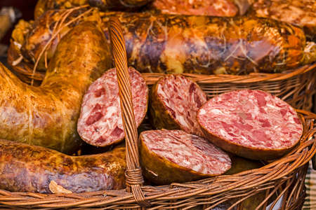 Traditional bio aspic pieces, arranged to be served in wicker basket.の写真素材