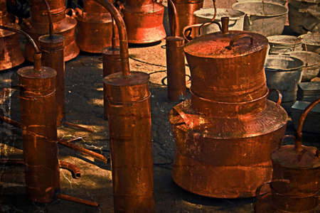 Old photo with traditional objects of copper and zinc, made by Gypsies.の写真素材