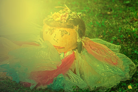 Miss Halloween, princess of pumpkins, in view of children. Pumpkin doll made by children in plastic bags and decorations. Autumn sunset light.の写真素材