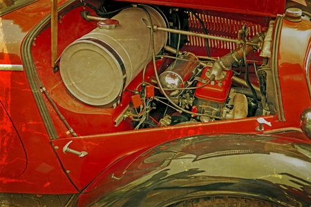 Old postcard with one old car motor, presented to one street exhibition in Timisoara, Romania....