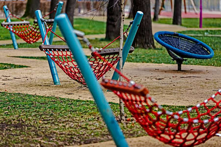 Furniture for children's amusement parks. Hammock with string red.の写真素材