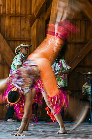 ROMANIA, TIMISOARA - JULY 12: Unidentified young Colombian dancers in traditional costume, perform folk dance during " International Festival of hearts " , July 12, 2015 in Timisoara.のeditorial素材
