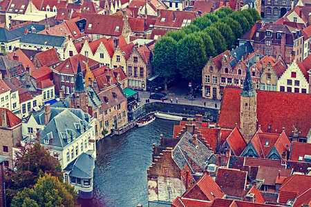 Old photo with aerial view of Bruges Brugge from Belfry, Belgium.の写真素材