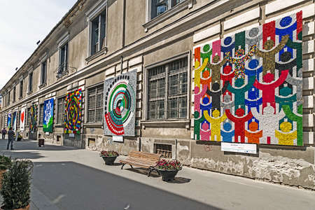 TIMISOARA, ROMANIA-MAY 10, 2015: Outdoor exhibition with paintings made of colored plastic corks.のeditorial素材