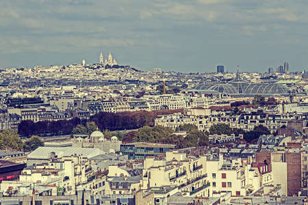 Vintage panorama and aerial view from Eiffel tower in Paris, Franceの写真素材