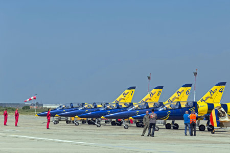 TIMISOARA, ROMANIA - MAY 21, 2016: Fighter jets lineup on landing after a local air show. Baltic...