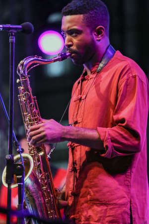 TIMISOARA, ROMANIA - JULY 3, 2016: Expressions of artist at the ,,Jazz TM", International Jazz Festival - Fourth Edition, from July 1 to 3, 2016. Organizer: Timisoara City Hall.のeditorial素材