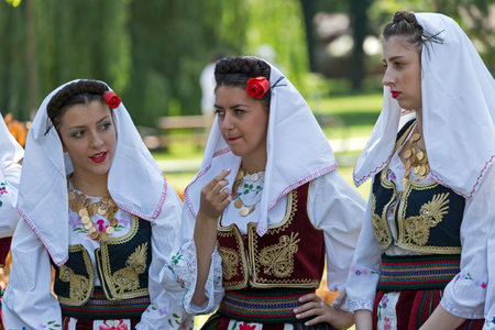 ROMANIA, TIMISOARA - JULY 10, 2016: Young girls from Serbia in traditional costume, present at the...