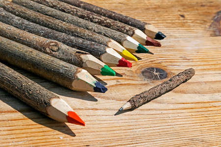 Colored pencils made from branches of trees and placed on a wooden table.の写真素材