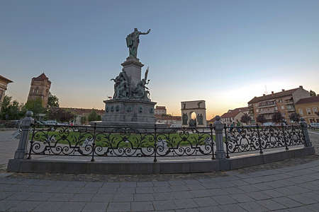 ARAD, ROMANIA - AUGUST 26, 2016: Statues and buildings from reconciliation Park of Arad, Romania.のeditorial素材
