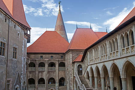 HUNEDOARA, ROMANIA - JULY 27, 2016: View of one part from Corvin castle. Inner yard. One of the famous Romanian landmarks located in Transylvania, also related to Dracula names and vampires.のeditorial素材