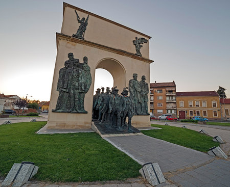 ARAD, ROMANIA - AUGUST 26, 2016: Statues and buildings from reconciliation Park of Arad, Romania.のeditorial素材