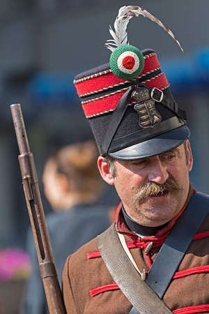 TIMISOARA, ROMANIA - OCTOBER 1, 2016: Hungarian infantry soldier with uniform from 1848 style, during the ,, Days of hungarian culture" organized by the City Hall.のeditorial素材