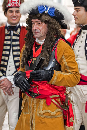 TIMISOARA,ROMANIA - OCTOBER 16, 2016:Medieval soldier that marching on the street. Show organized by City Hall Timisoara to celebrate the 300 years since the entry of Eugene of Savoy into the fortressのeditorial素材