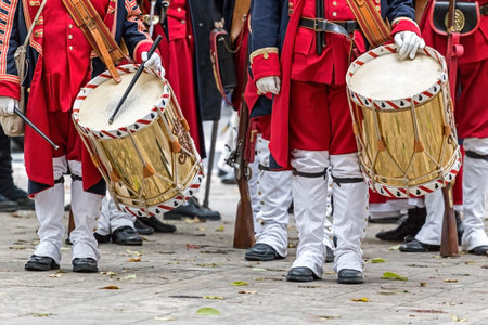Background of a medieval soldiers, drummers, that marching on the street.