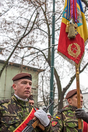 TIMISOARA, ROMANIA - DECEMBER 1, 2016: Military parade at Romanian National Day. Soldiers in...