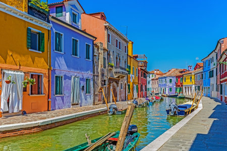 BURANO, ITALY - AUGUST 5, 2015: View of Burano, Italy, an island with colorful architecture in the Venetian Lagoon.のeditorial素材