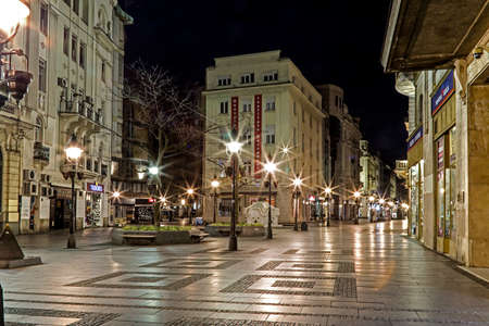 BELGRADE,SERBIA - MARCH 18, 2017:Knez Mihailova street at night, a pedestrian zone and shopping center. One of the oldest and most valuable monumental complexes of the city, built at the end of 1870s.のeditorial素材