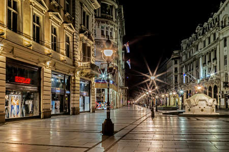 BELGRADE,SERBIA - MARCH 18, 2017:Knez Mihailova street at night, a pedestrian zone and shopping center. One of the oldest and most valuable monumental complexes of the city, built at the end of 1870s.のeditorial素材