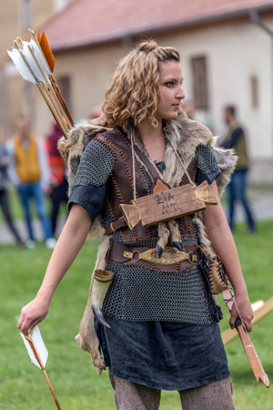 ALBA IULIA, ROMANIA - APRIL 29, 2017: The woman archer, slave dac, in one demonstration at APULUM...