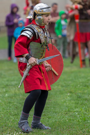 ALBA IULIA, ROMANIA - APRIL 29, 2017: Child dressed in Roman soldier, make one demonstration at...