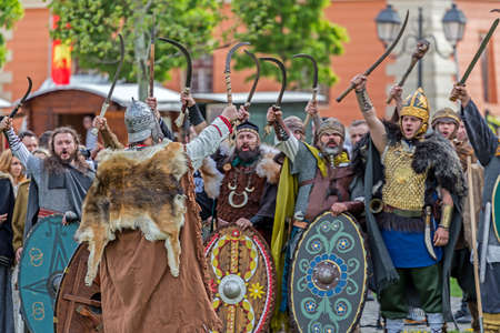 ALBA IULIA, ROMANIA - APRIL 29, 2017: Dacian soldiers in battle costume, present at APULUM ROMAN FESTIVAL, organized by the City Hall.のeditorial素材