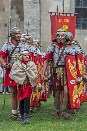 ALBA IULIA, ROMANIA - APRIL 29, 2017: Roman soldiers in battle costume, present at APULUM ROMAN...