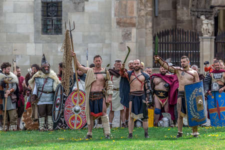 ALBA IULIA, ROMANIA - APRIL 29, 2017: Dacian soldiers in battle costume, present at APULUM ROMAN FESTIVAL, organized by the City Hall.のeditorial素材