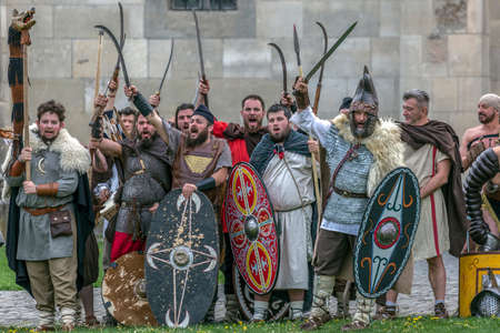 ALBA IULIA, ROMANIA - APRIL 29, 2017: Dacian soldiers in battle costume, present at APULUM ROMAN FESTIVAL, organized by the City Hall.のeditorial素材