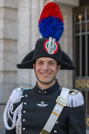 ROME, ITALY - JUNE 2, 2017: Military parade at Italian National Day. Portrait of soldier.のeditorial素材