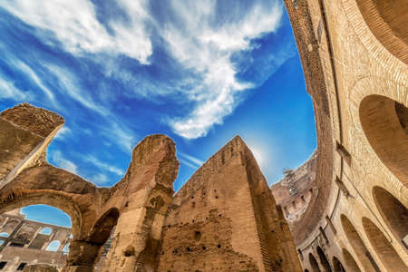 ROME, ITALY - MAY 30, 2017: Fisheye view inside the Colosseum, Rome, Italy, with specific ruins and sky with clouds in background.のeditorial素材