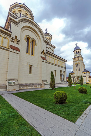 Fish eye view with Coronation Cathedral and Bell tower from Alba Iulia city, Transylvania, Romania.