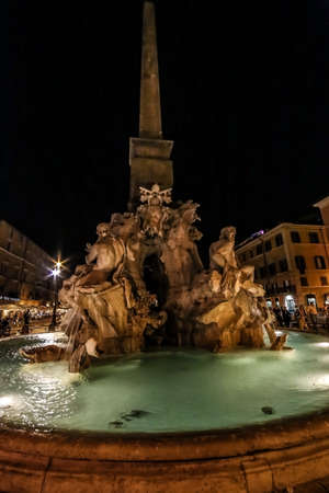 ROME, ITALY - JUNE 1,2017: Piazza Navona, Fountain of the Four Rivers and Egyptian obelisk. Night scene.のeditorial素材