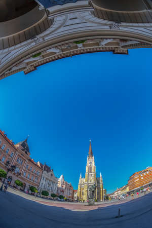 NOVI SAD, SERBIA - JULY 30, 2017: View of the Liberty Square (Trg. Slobode) with Mary Church and old buildings. One of the cities designated as the European capital of culture in 2021.のeditorial素材