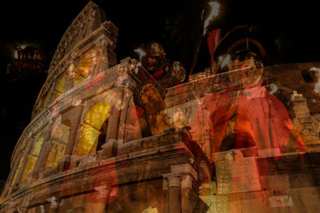 ALBA IULIA,ROMANIA - APRIL 30,2017:Double exposure with fisheye view outside the Colosseum and Roman soldiers in background.Antical theatrical scene at APULUM ROMAN FESTIVAL organized by the City Hallのeditorial素材