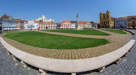 TIMISOARA, ROMANIA - AUGUST 16, 2017: View of one part at Union Square in Timisoara, Romania, with old buildings and german Dome.のeditorial素材