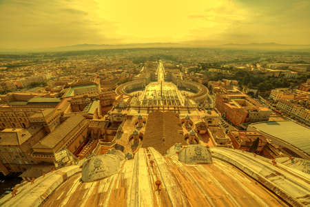 Aerial view at dusk time from the cupola of Papal Basilica over St. Peter's Square in the Vatican City. Rome, Italy.の写真素材