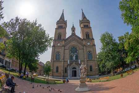 TIMISOARA, ROMANIA - AUGUST 30, 2016; View of the cathedral Millennium with the statue of St....