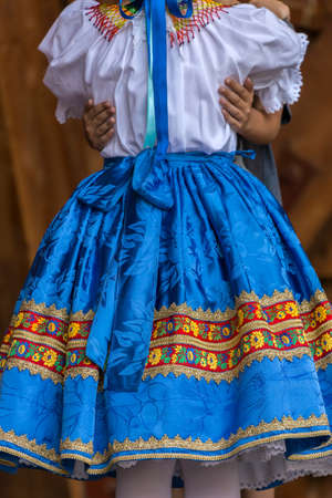 Detail of traditional Slovak folk costume worn by women of ethnic Slovakian from Banat area, Romania.の写真素材