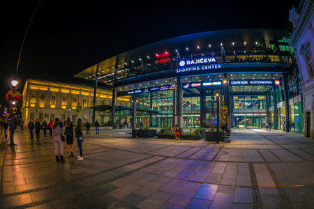 BELGRADE, SERBIA - OCTOBER 20, 2017: Shopping center Rajiceva at night, located on Knez Mihailova...